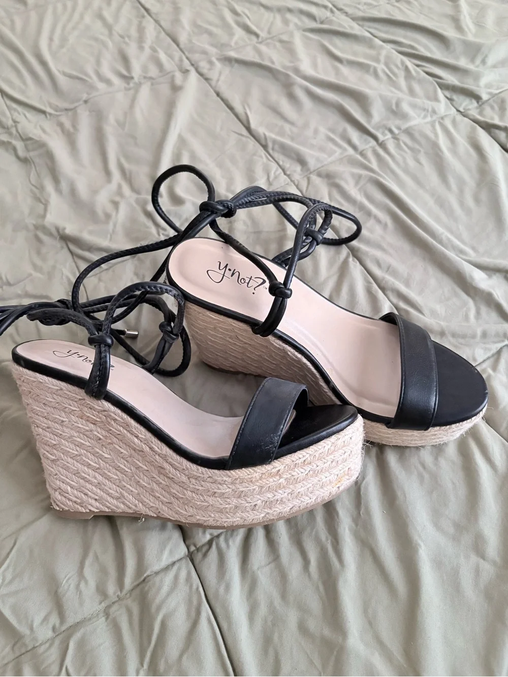 Women’s Black Espadrille Wedge Sandals with Ankle Tie